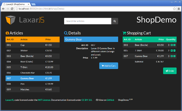 LaxarJS ShopDemo using complete darkly theme