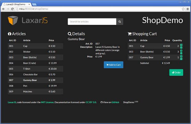 LaxarJS ShopDemo using vanilla darkly theme